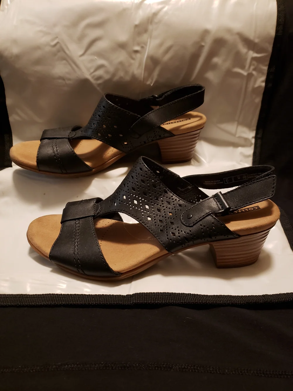 Clarks Black Perforated Leather Slingback Sandal with Low Block Heel